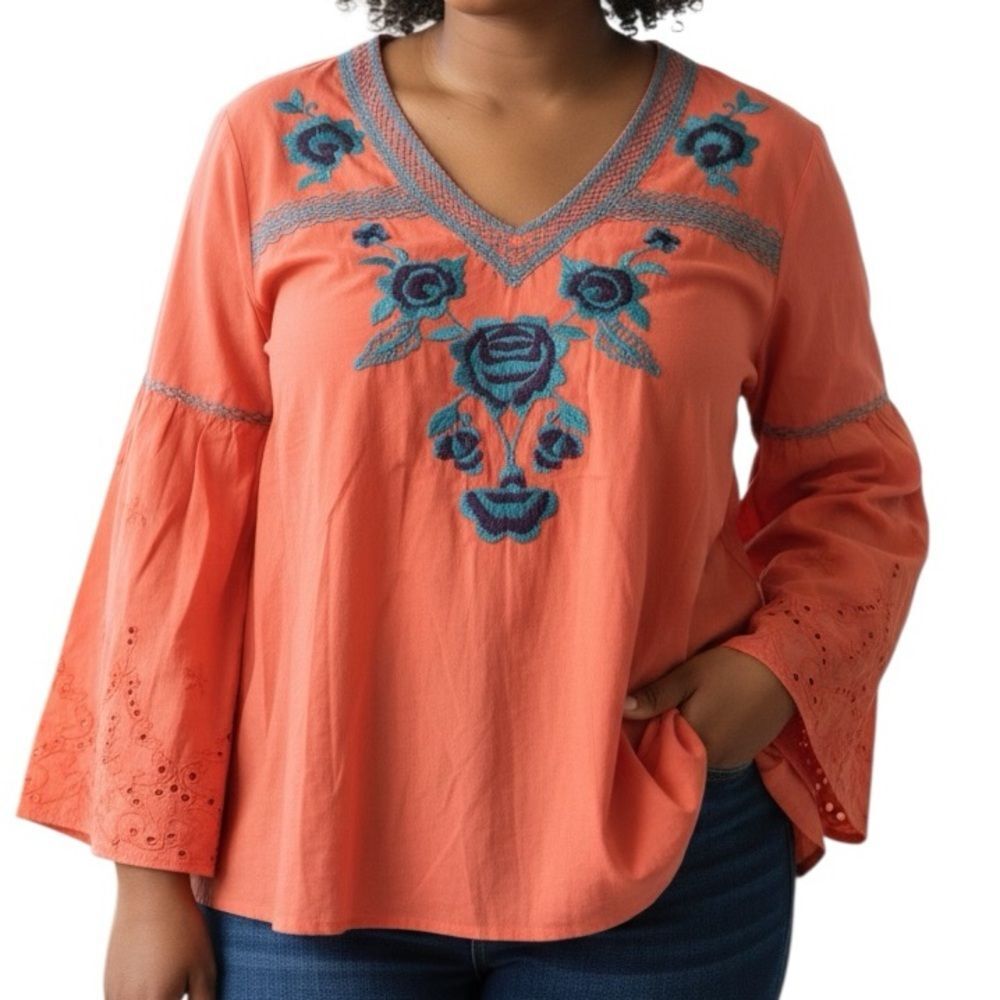 Wrangler Retro Embroidered Boho Blouse Orange Teal Floral Womens Size XXL